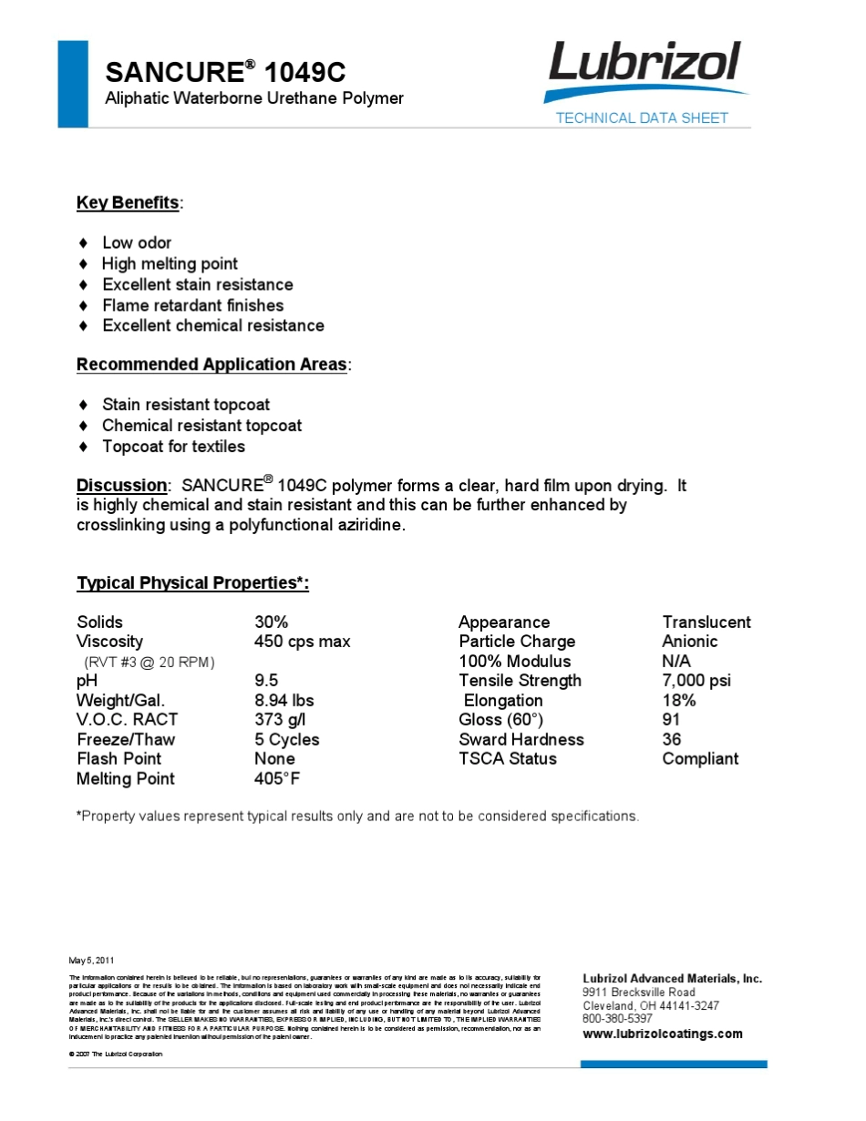 Lubrizol公司Sancure系列聚氨酯分散体技术数据表_第2页