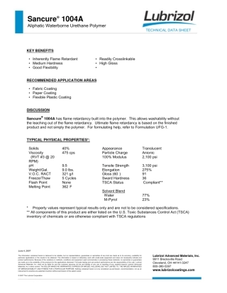 Lubrizol公司Sancure系列聚氨酯分散体技术数据表