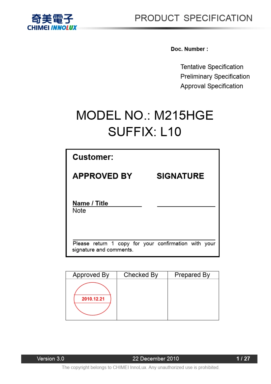 M215HGEL10液晶屏规格书_第1页