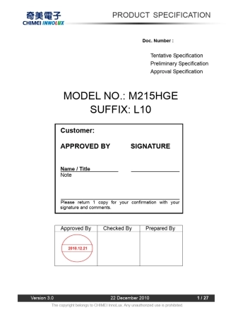 M215HGEL10液晶屏规格书