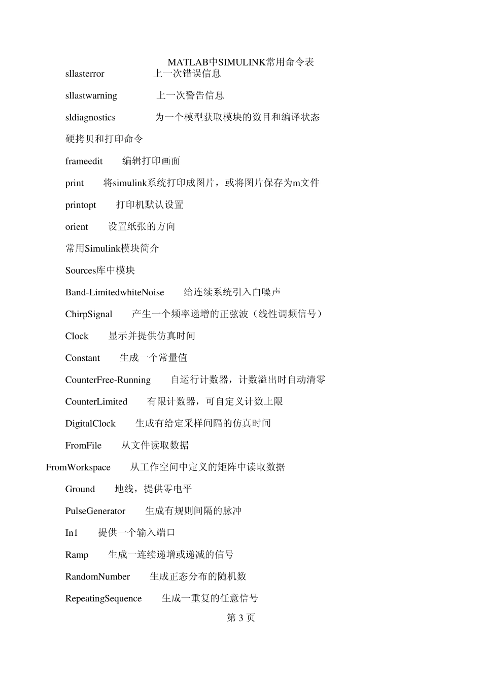 MATLAB中SIMULINK常用命令表_第3页