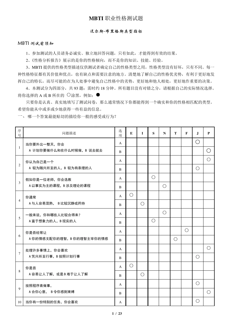 MBTI职业性格测试题及选择分析_第1页