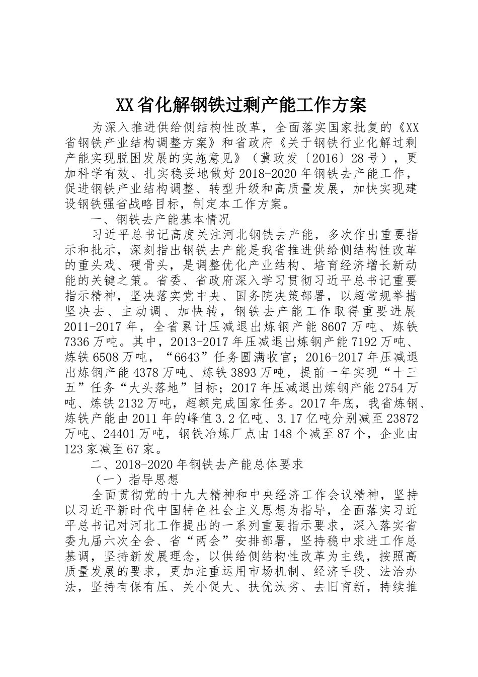 XX省化解钢铁过剩产能工作方案_第1页