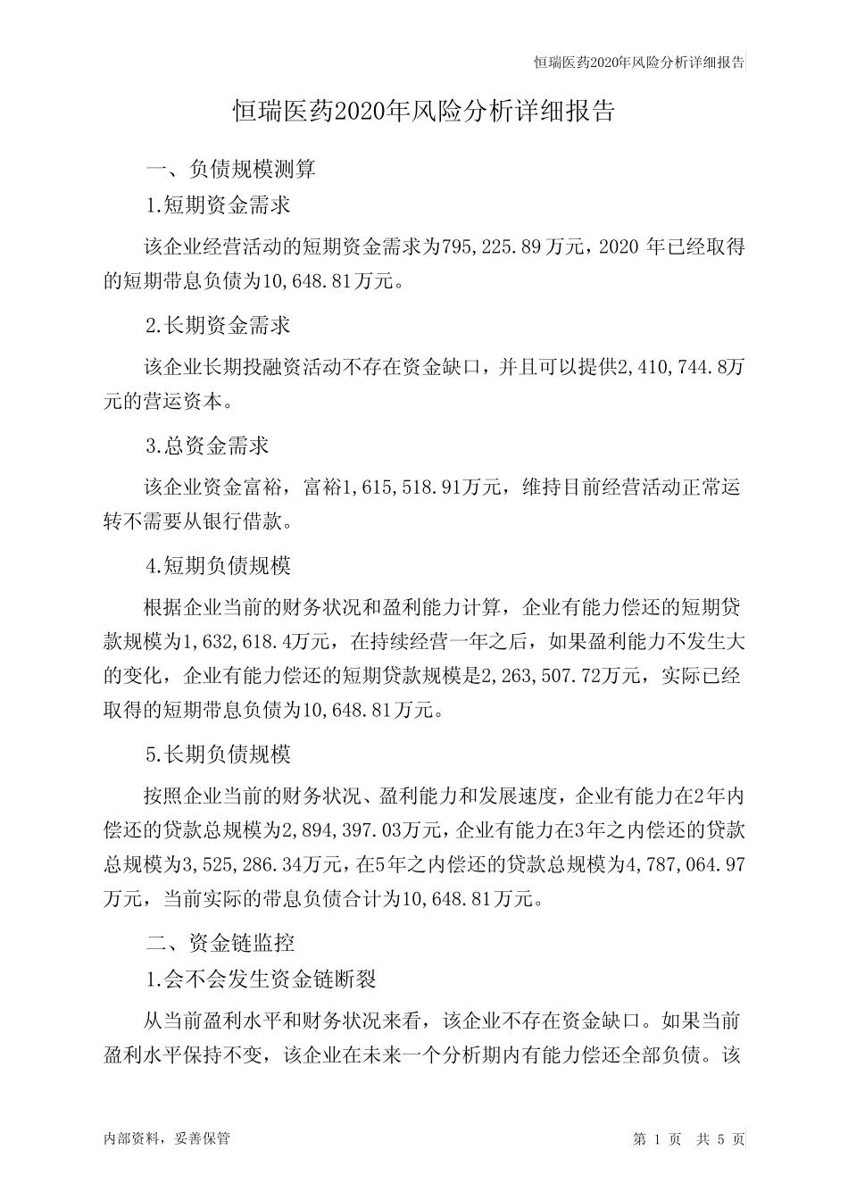 恒瑞医药2020年财务风险分析详细报告_第1页