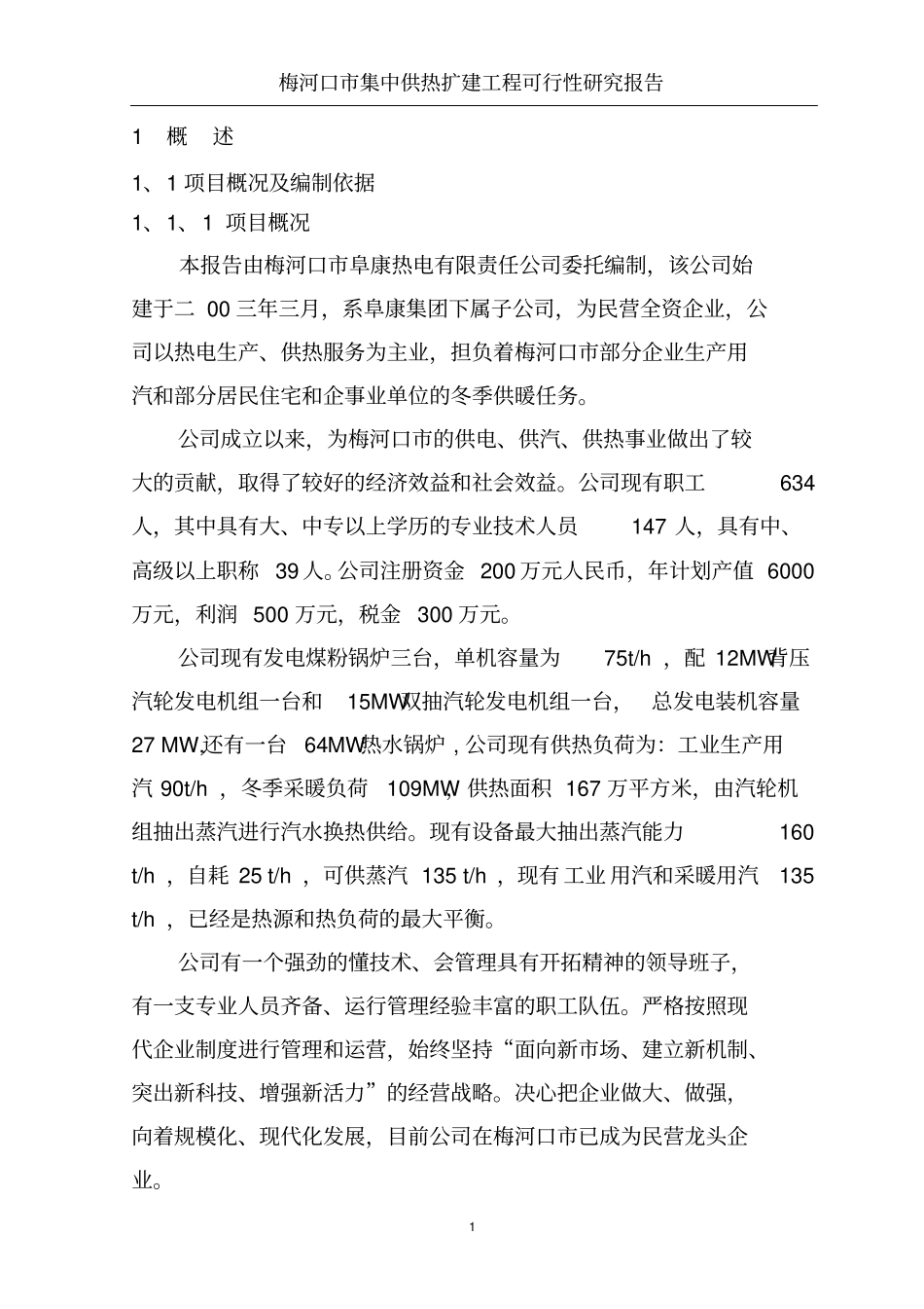 梅河口集中供热扩建工程可行性研究报告_第1页