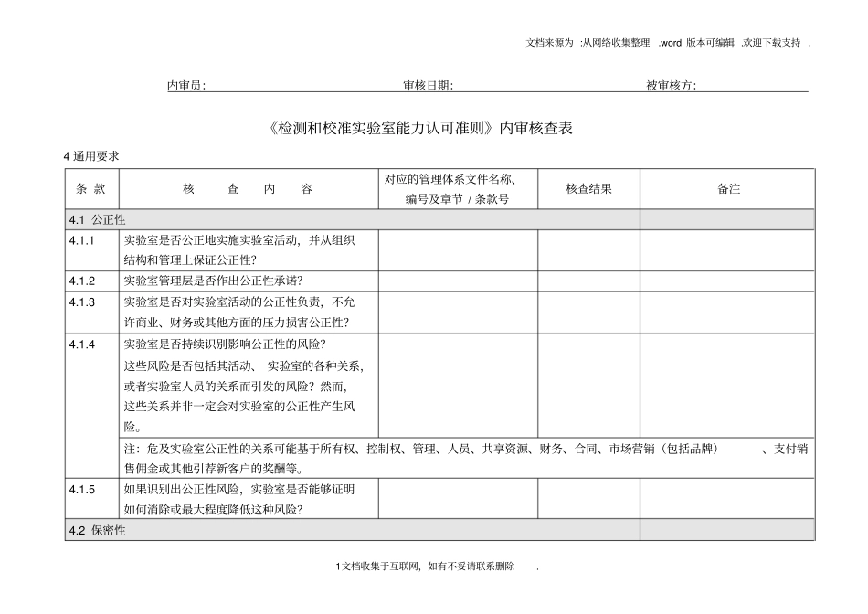 检测和校准试验室能力认可准则内审核查表全_第1页