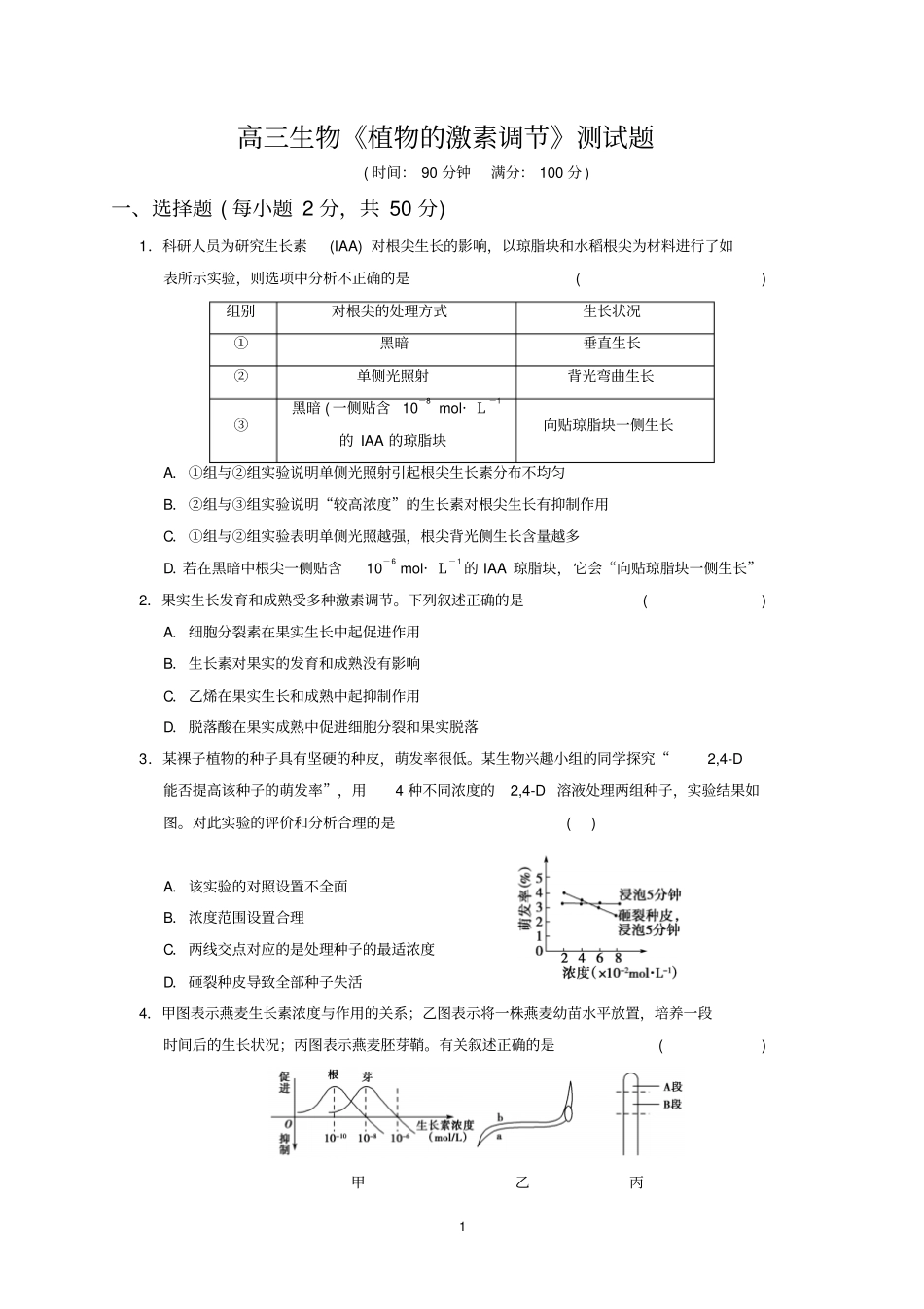 植物激素调节试题及答案讲解_第1页
