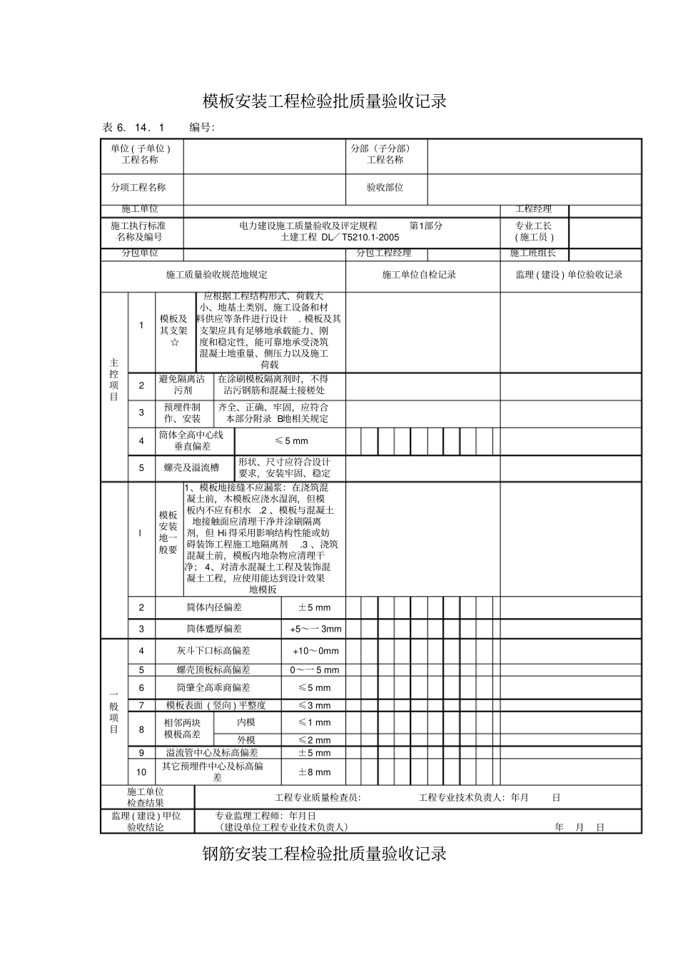 模板安装工程检验批质量验收记录整理_第1页