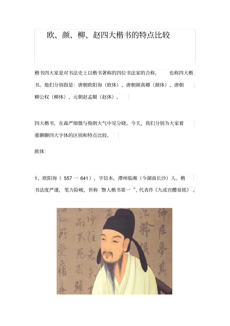 欧、颜、柳、赵四大楷书的特点比较_第1页