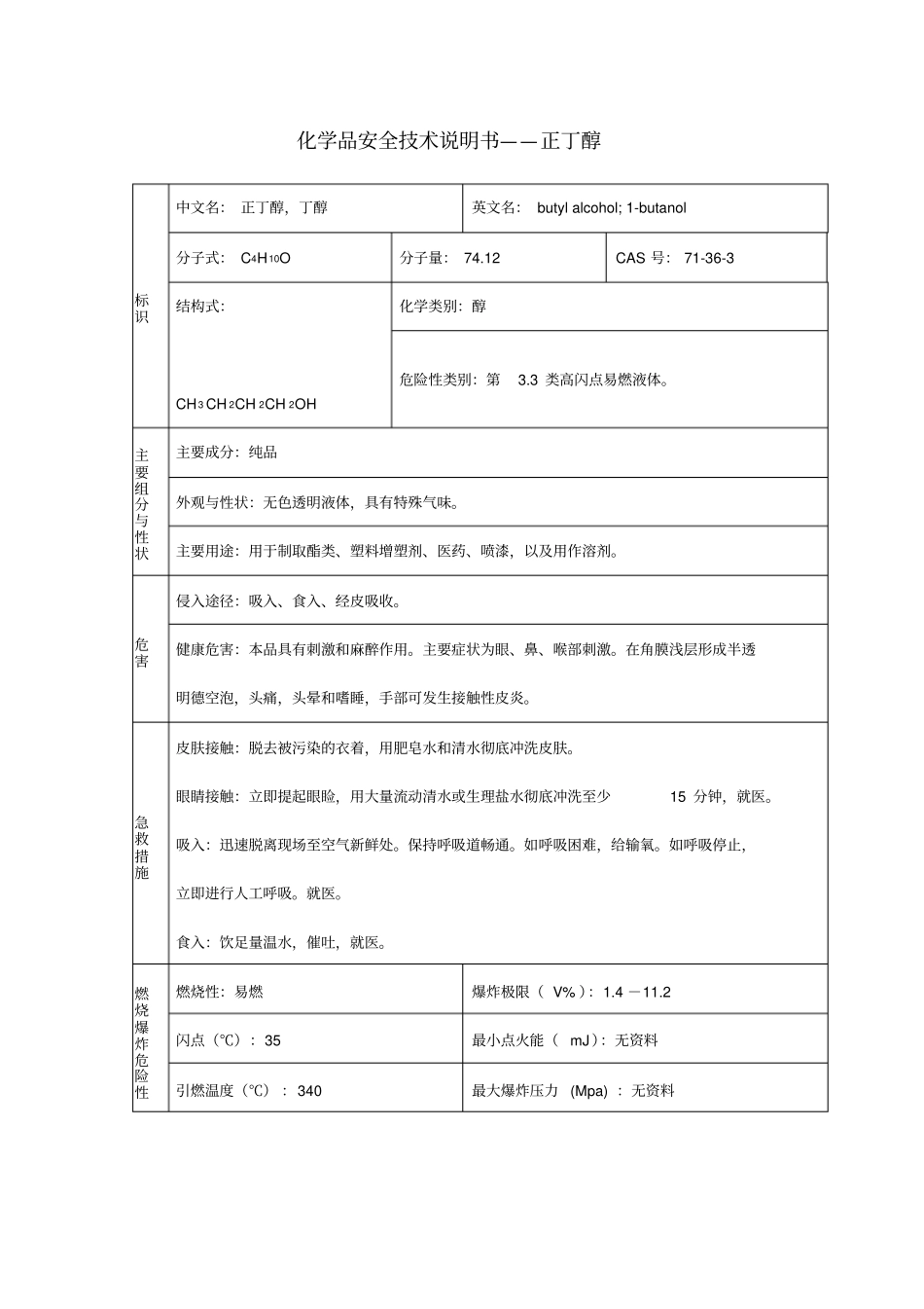 正丁醇化学品安全技术说明书_第1页