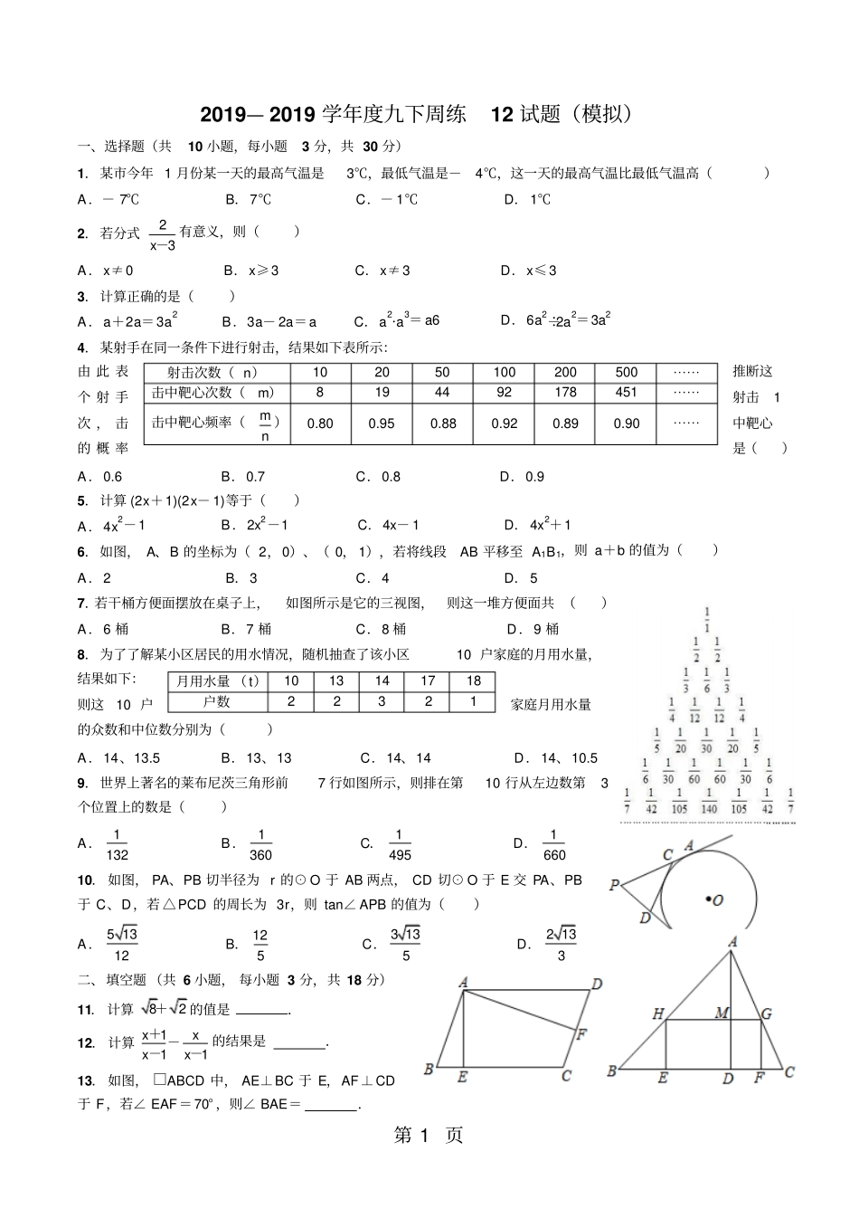 武汉七一中学2017-2018学年下学期九年级数学周练12无答案-最新教育文档_第1页