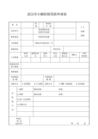 武汉小额担保贷款个人申请表