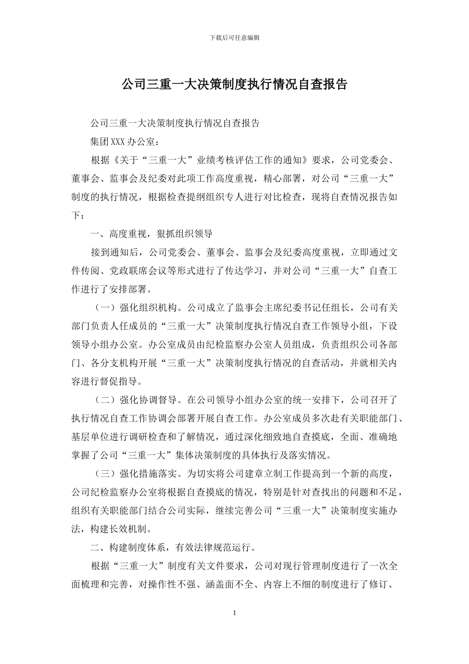 公司三重一大决策制度执行情况自查报告_第1页
