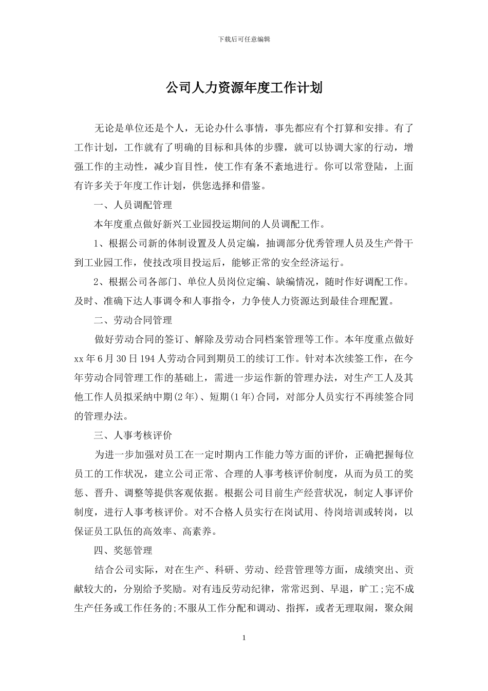 公司人力资源年度工作计划_第1页