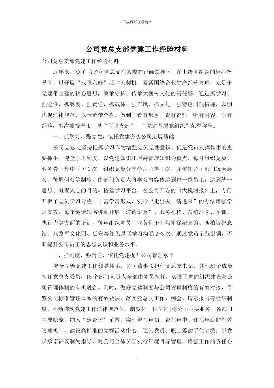 公司党总支部党建工作经验材料_第1页