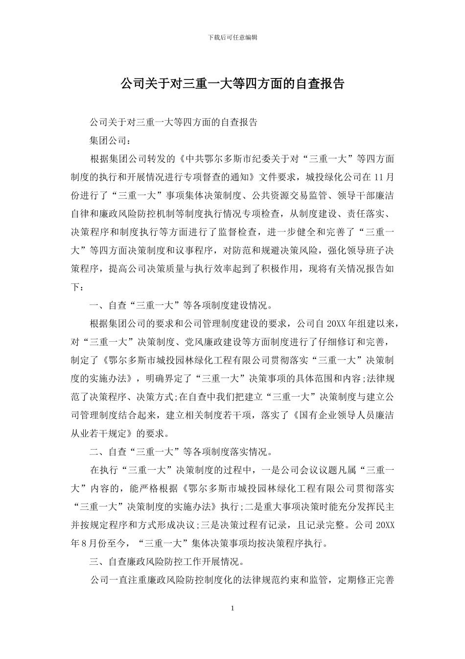 公司关于对三重一大等四方面的自查报告_第1页