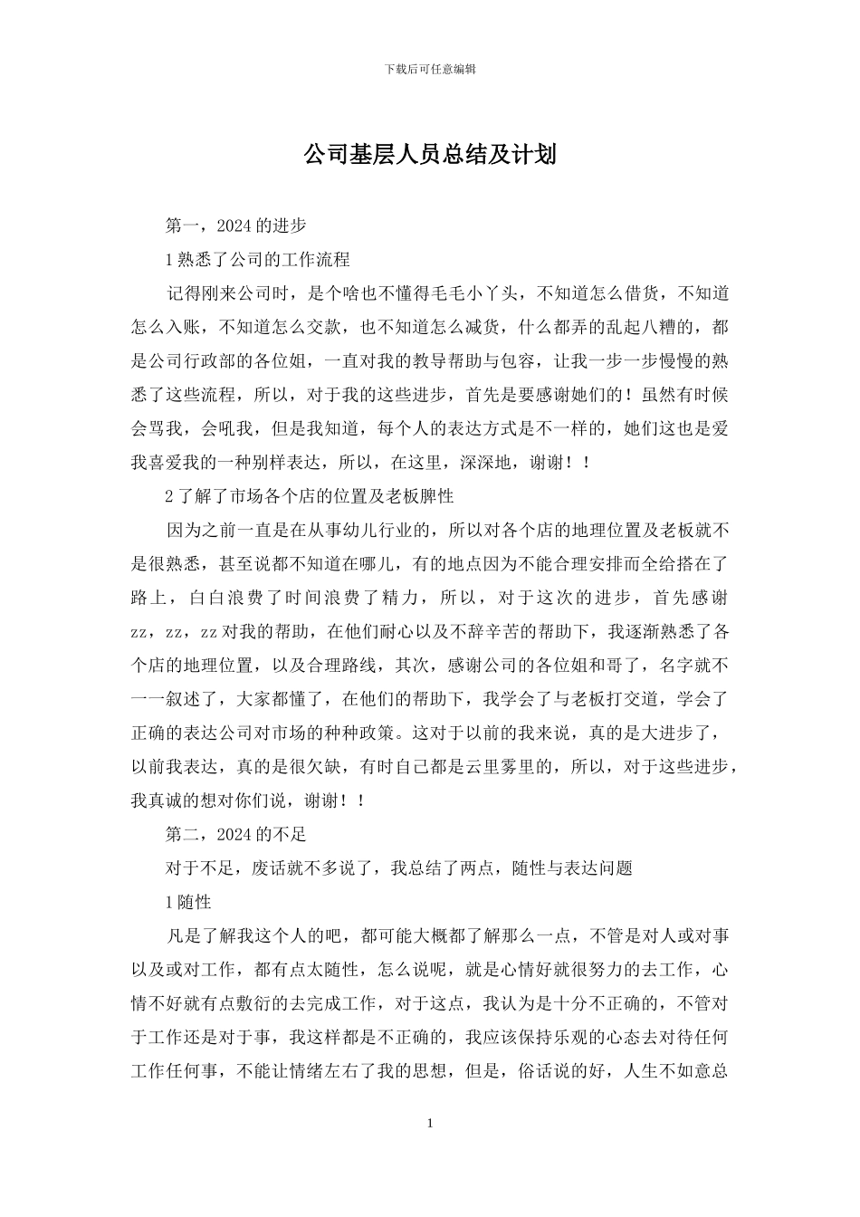 公司基层人员总结及计划_第1页