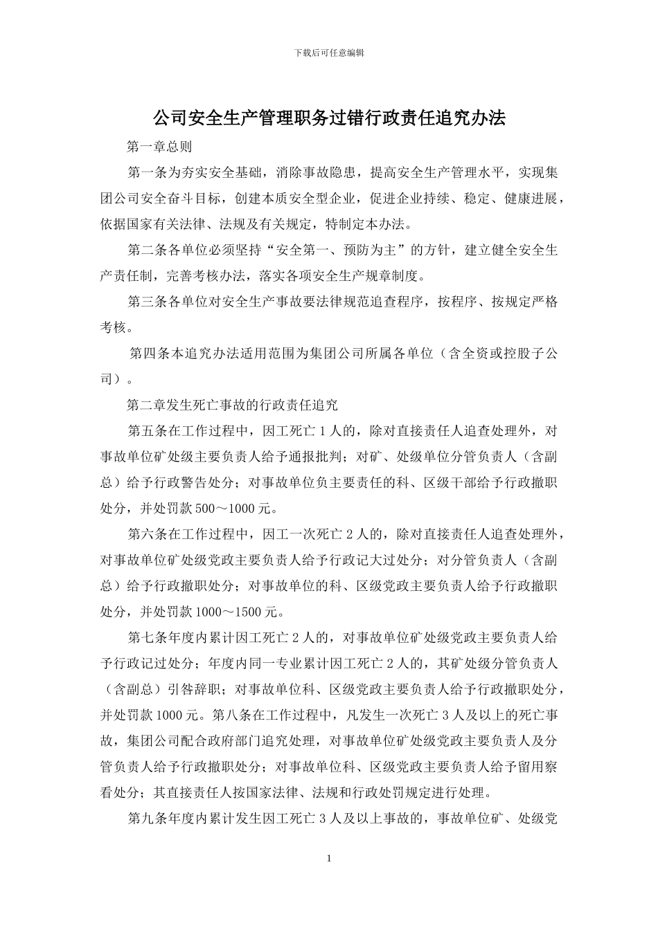 公司安全生产管理职务过错行政责任追究办法_第1页