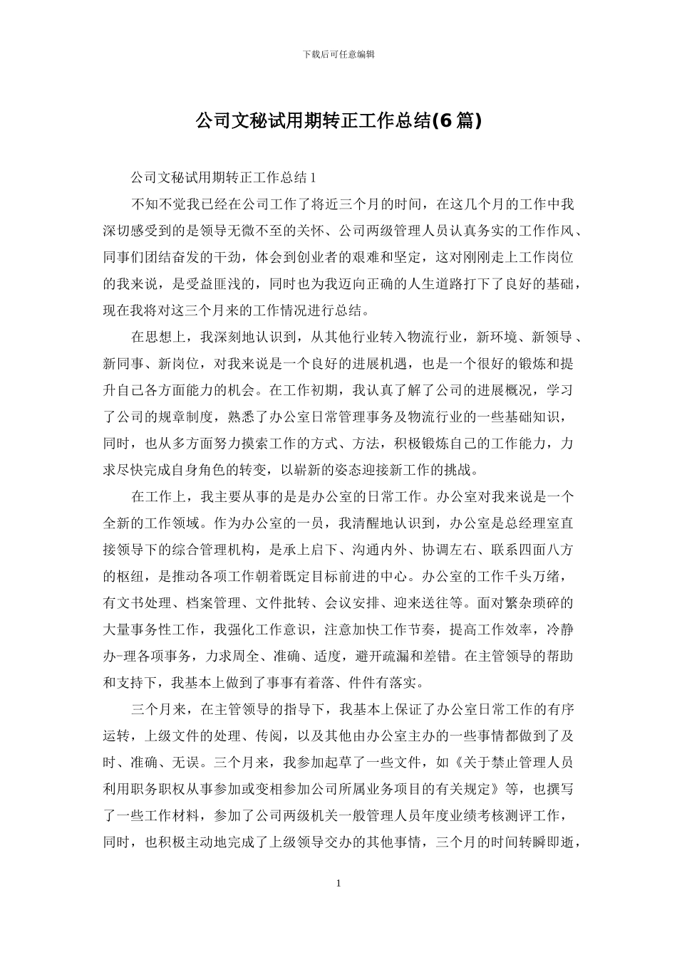 公司文秘试用期转正工作总结_第1页