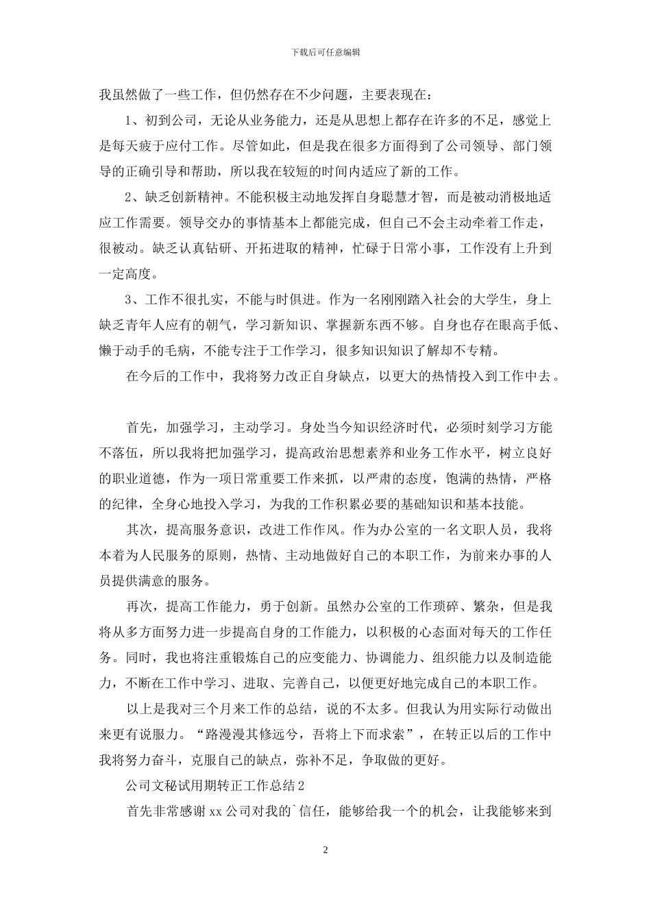 公司文秘试用期转正工作总结_第2页