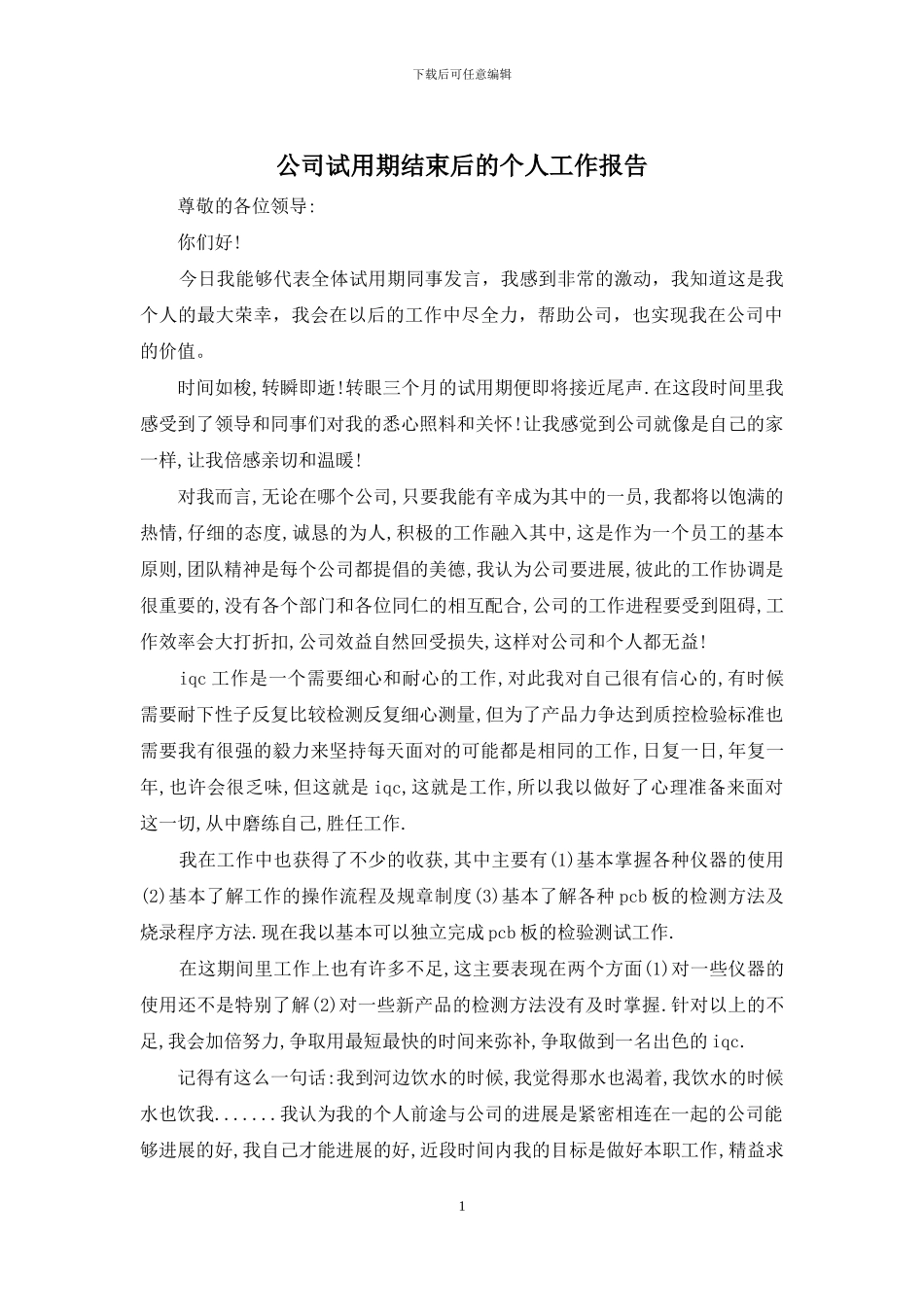 公司试用期结束后的个人工作报告_第1页