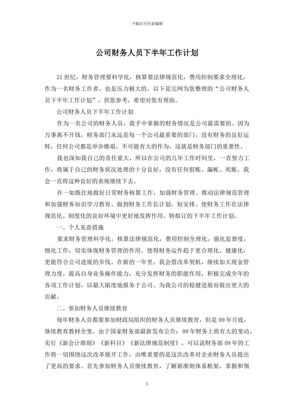 公司财务人员下半年工作计划_第1页