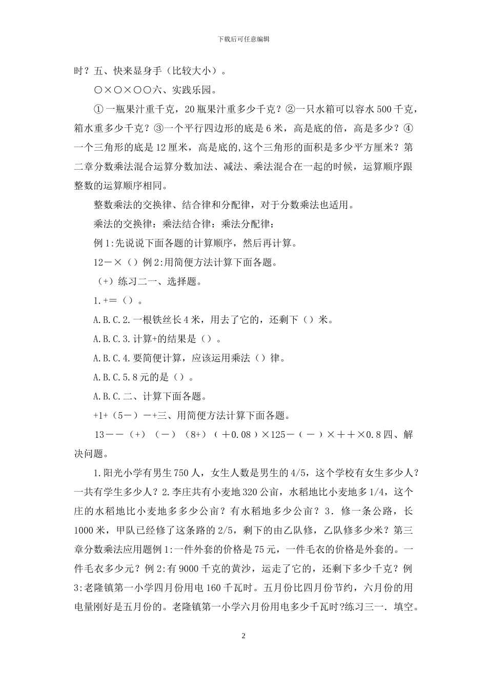 六年级上册数学试题同步辅导教材经典题型汇总-苏教版_第2页