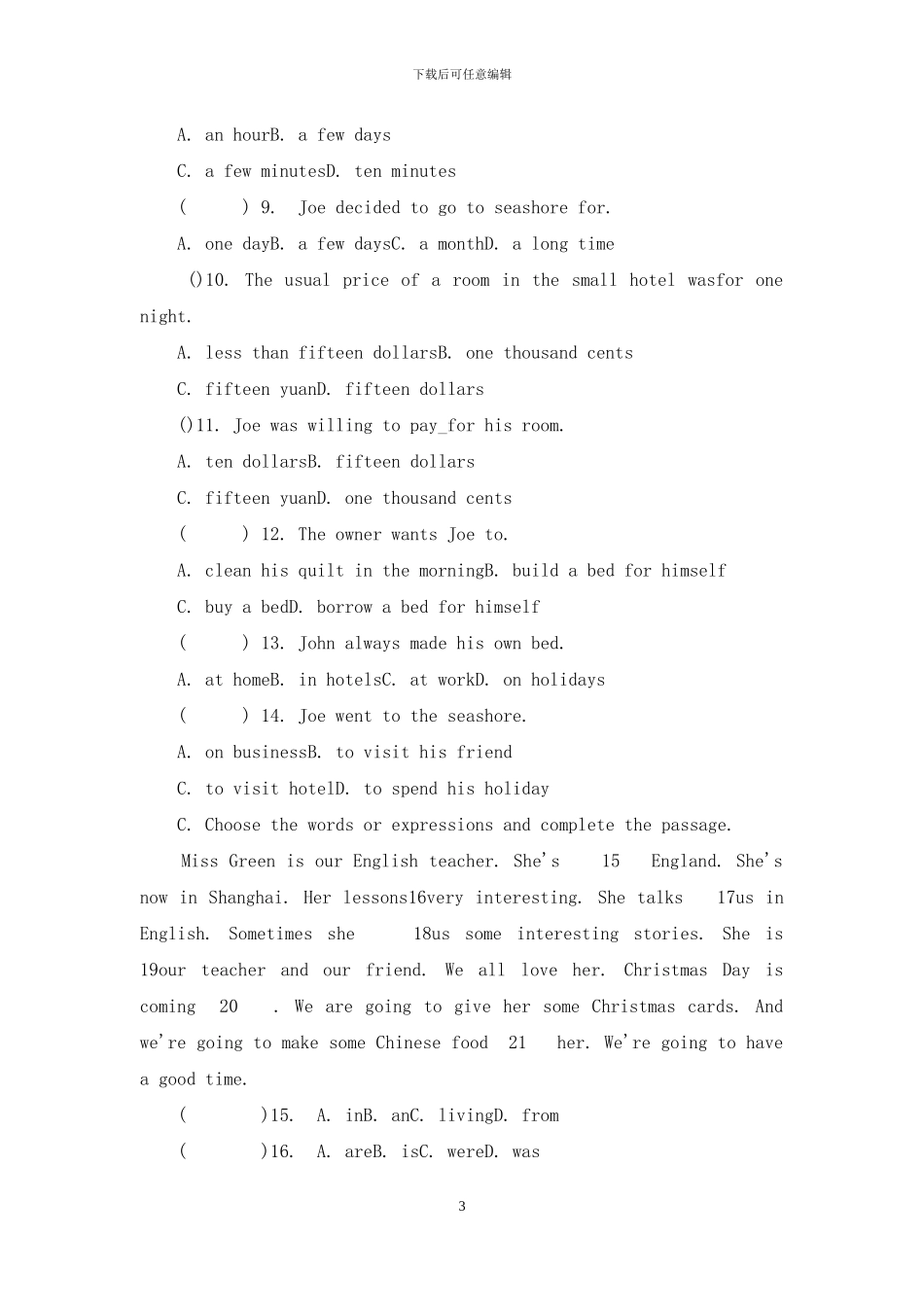 六年级英语(阅读理解与完型填空专练二)_第3页