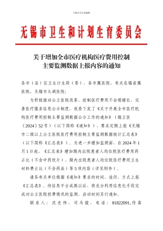 关于增加全市医疗机构医疗费用控制
