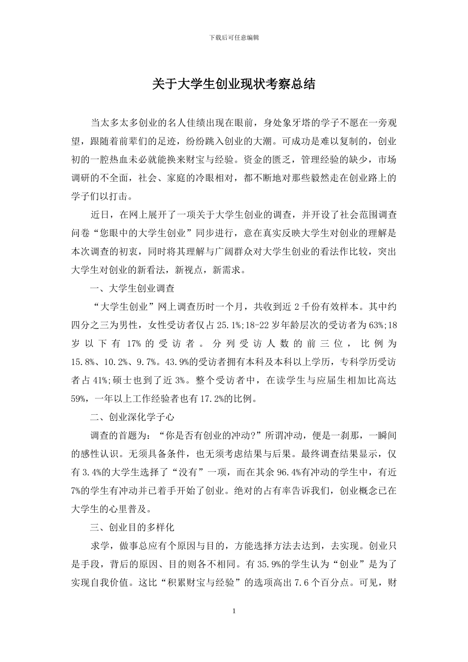 关于大学生创业现状考察总结_第1页