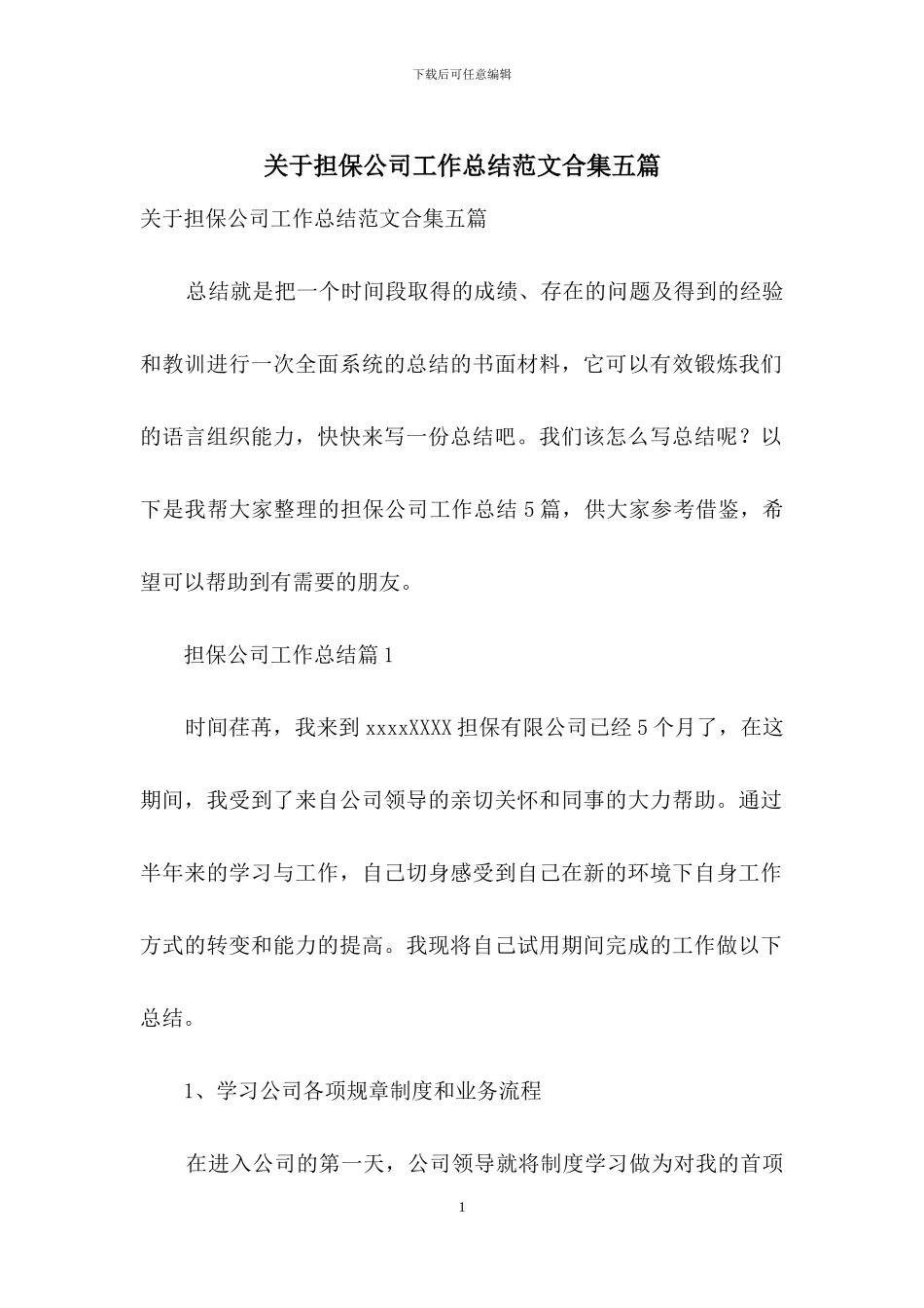 关于担保公司工作总结范文合集五篇_第1页