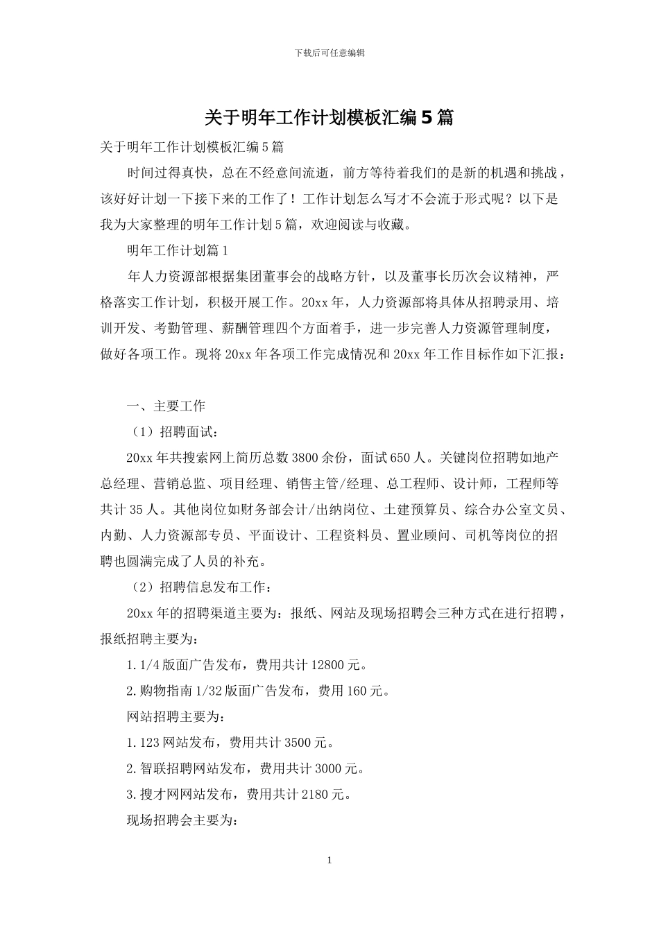 关于明年工作计划模板汇编5篇_第1页