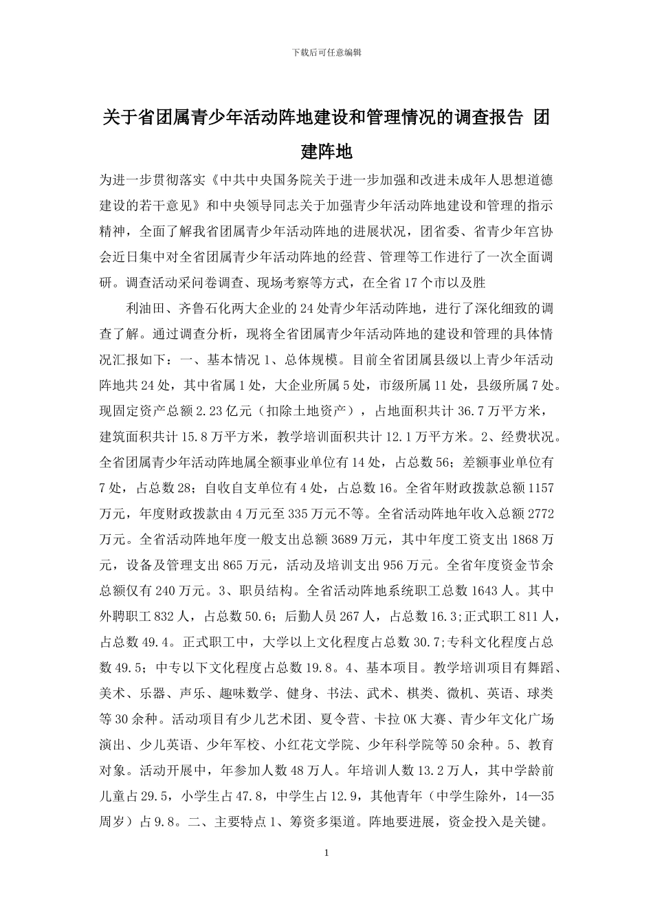 关于省团属青少年活动阵地建设和管理情况的调查报告-团建阵地_第1页