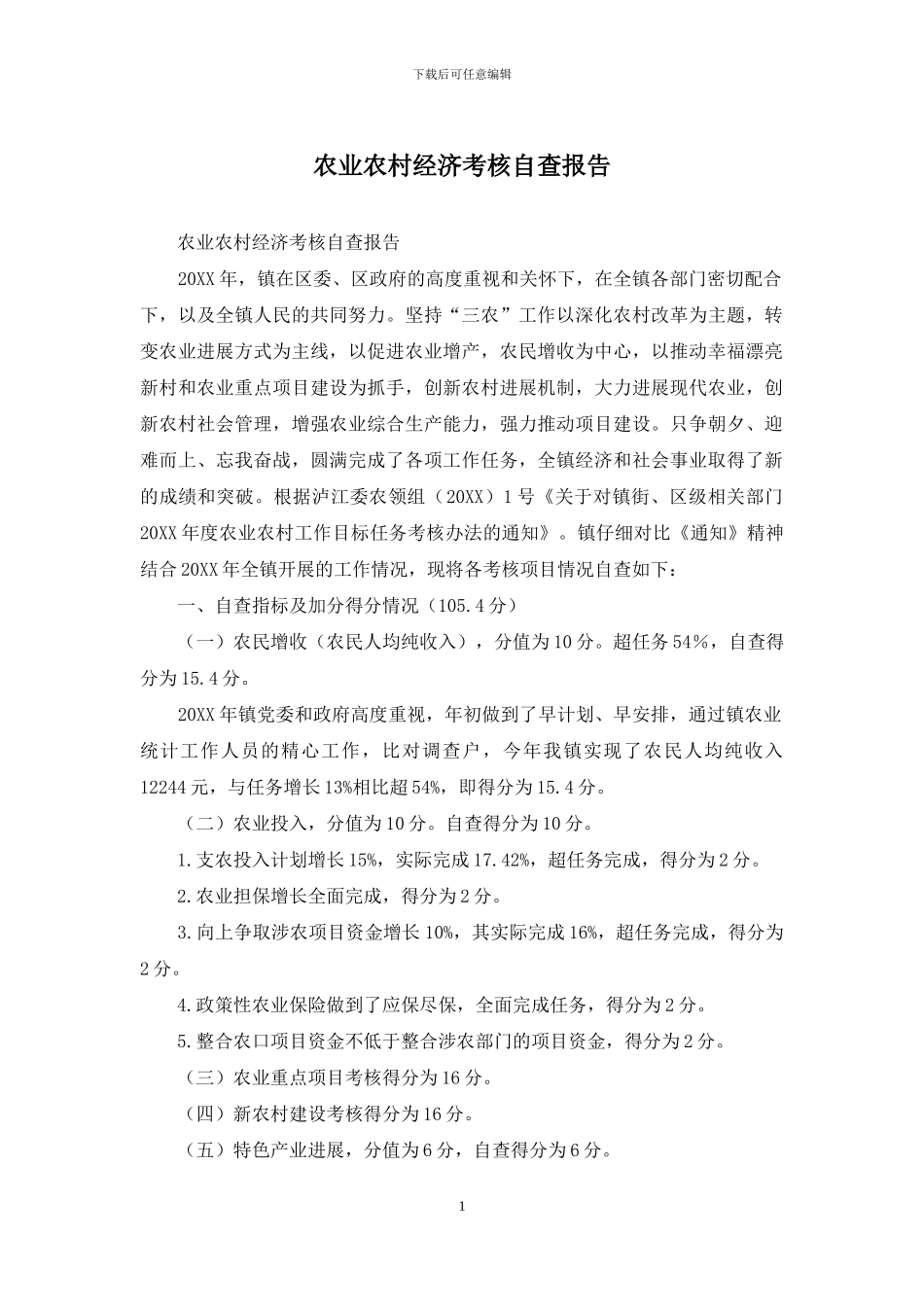 农业农村经济考核自查报告_第1页