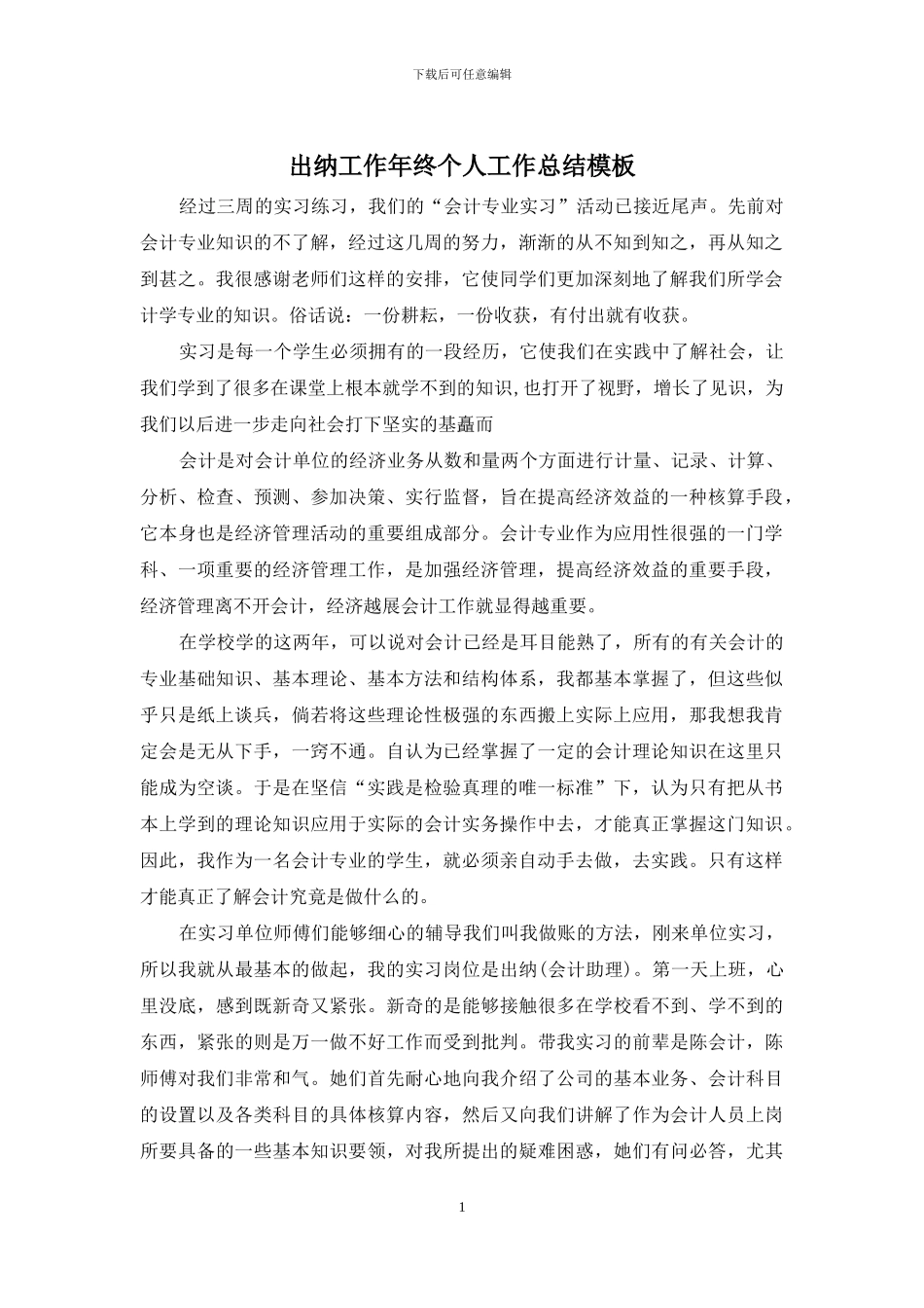出纳工作年终个人工作总结模板_第1页