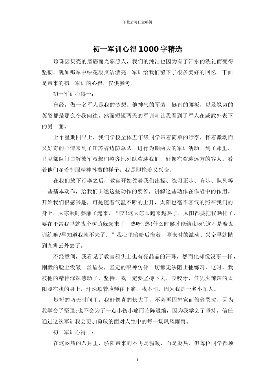 初一军训心得1000字精选_第1页