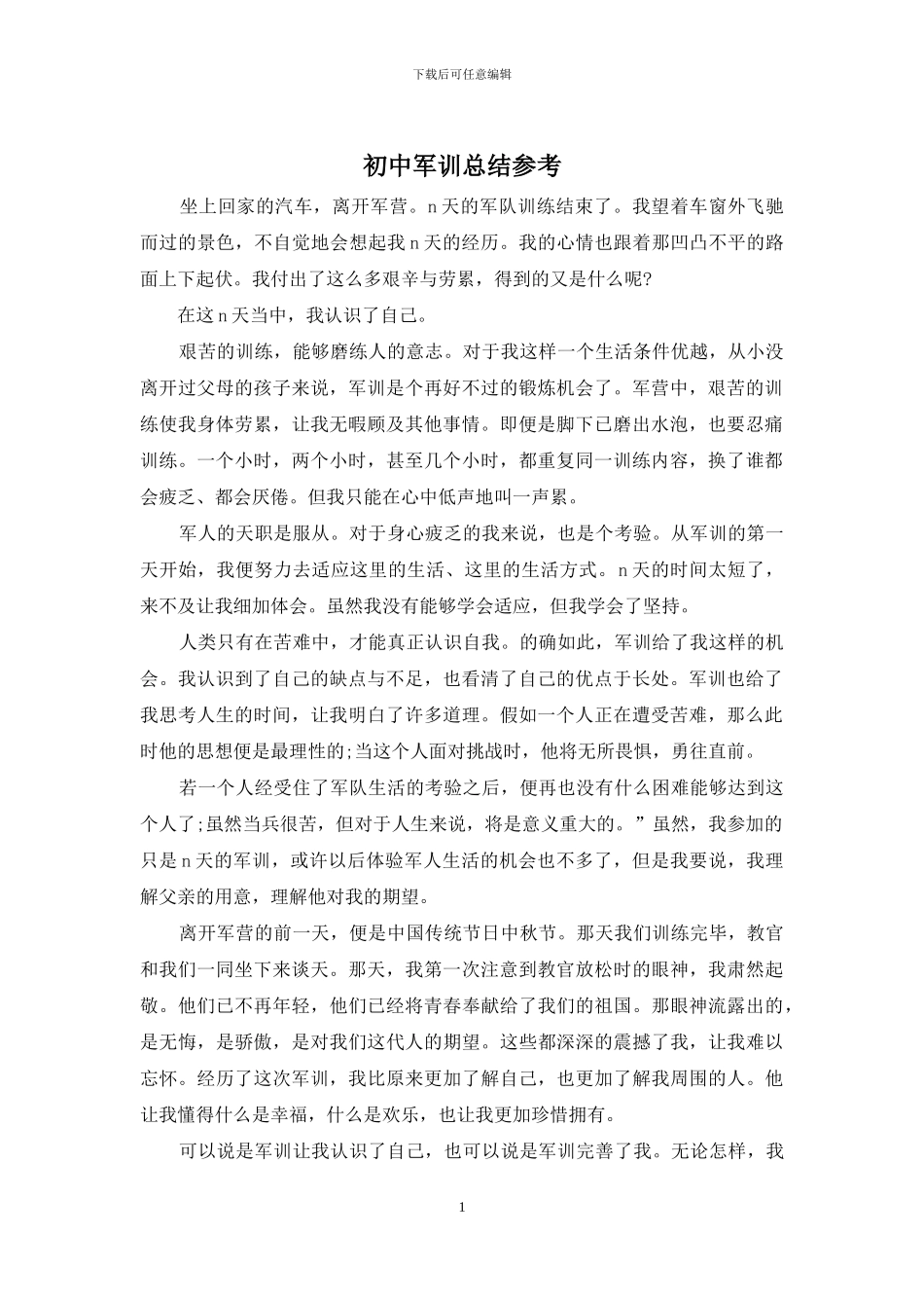 初中军训总结参考_第1页