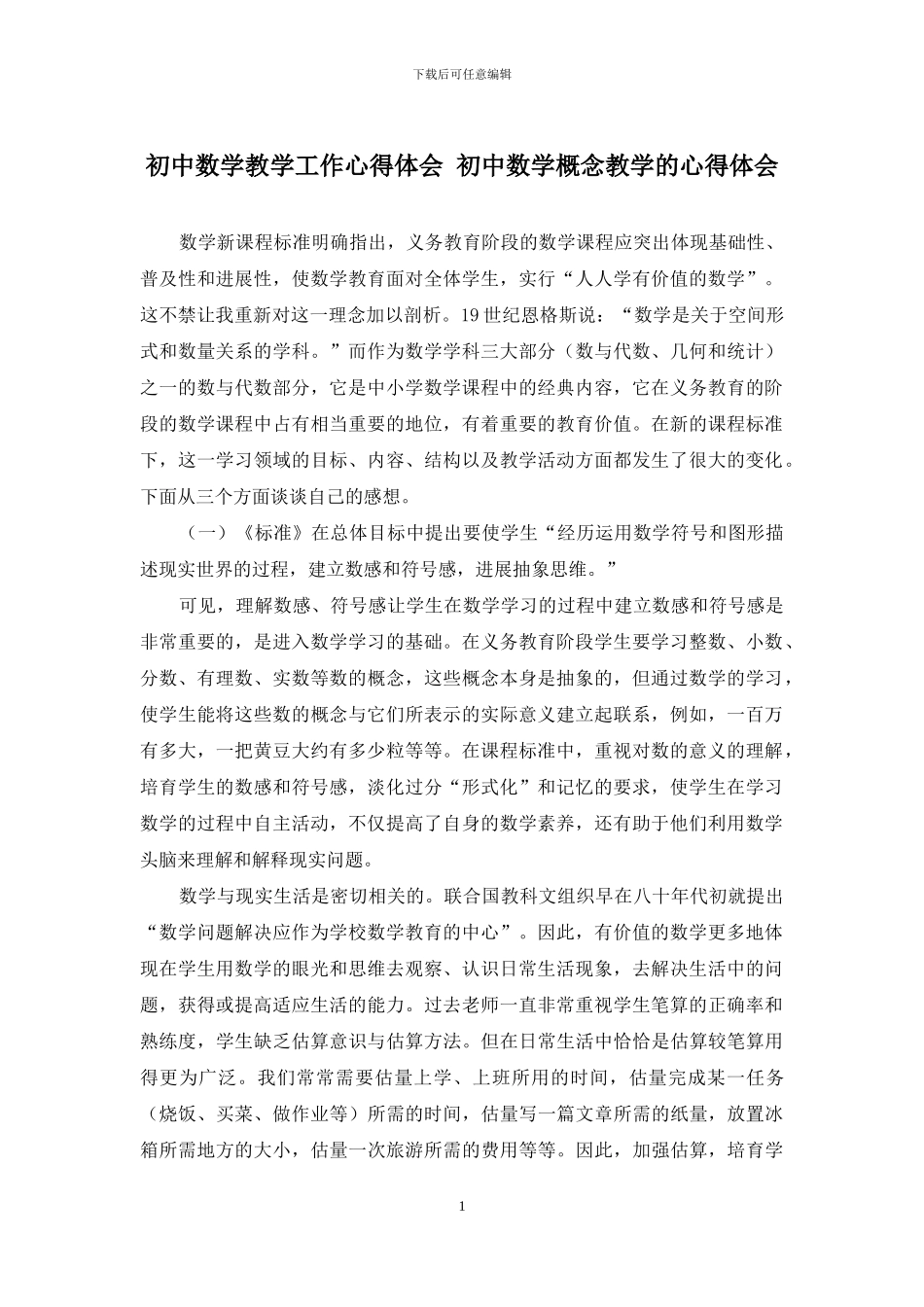 初中数学教学工作心得体会-初中数学概念教学的心得体会_第1页