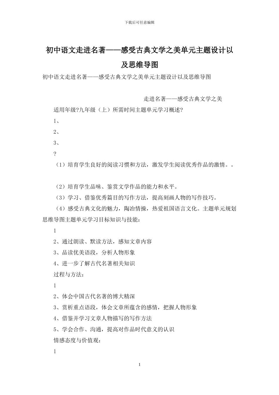 初中语文走进名著——感受古典文学之美单元主题设计以及思维导图_第1页