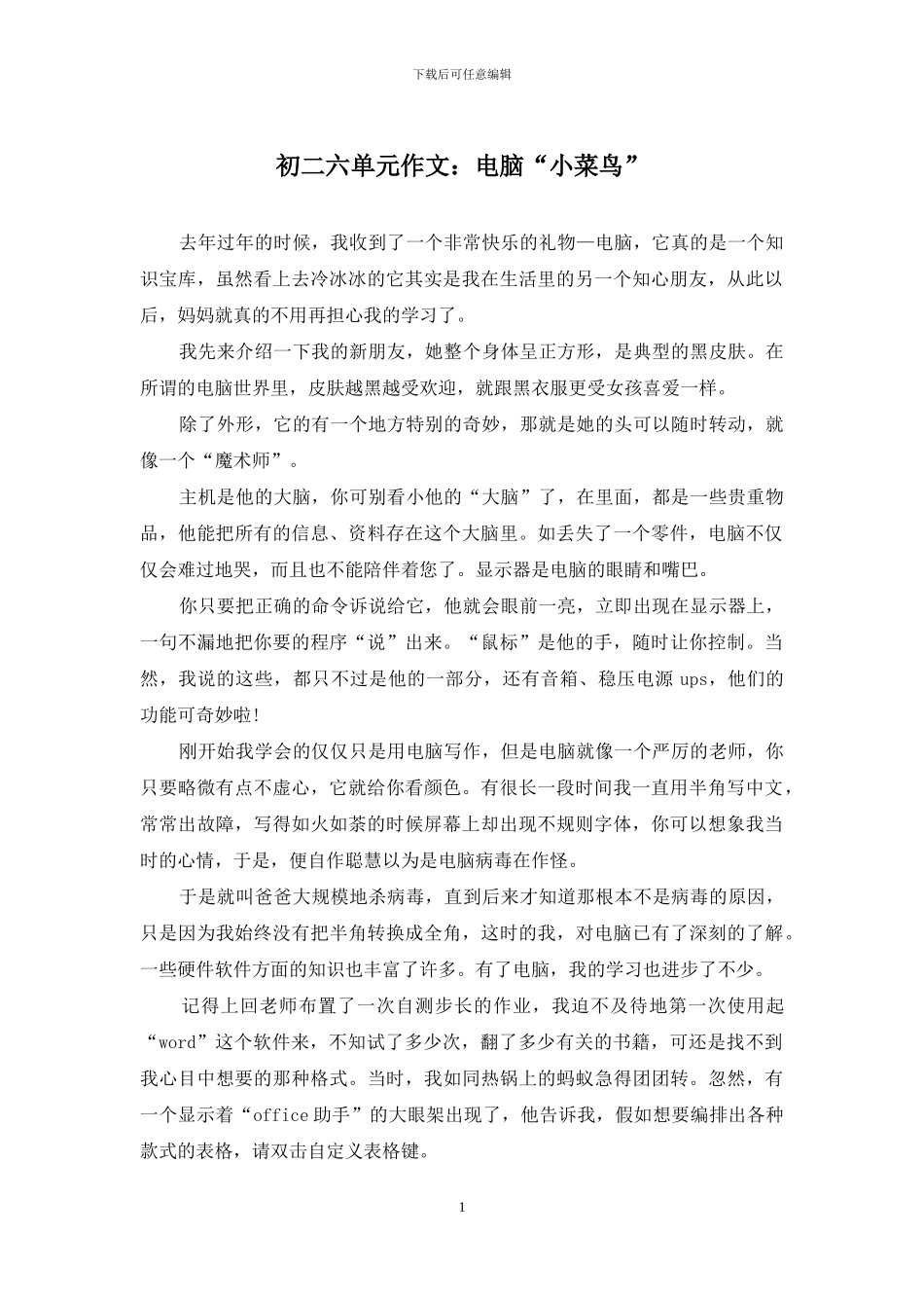 初二六单元作文：电脑“小菜鸟”_第1页