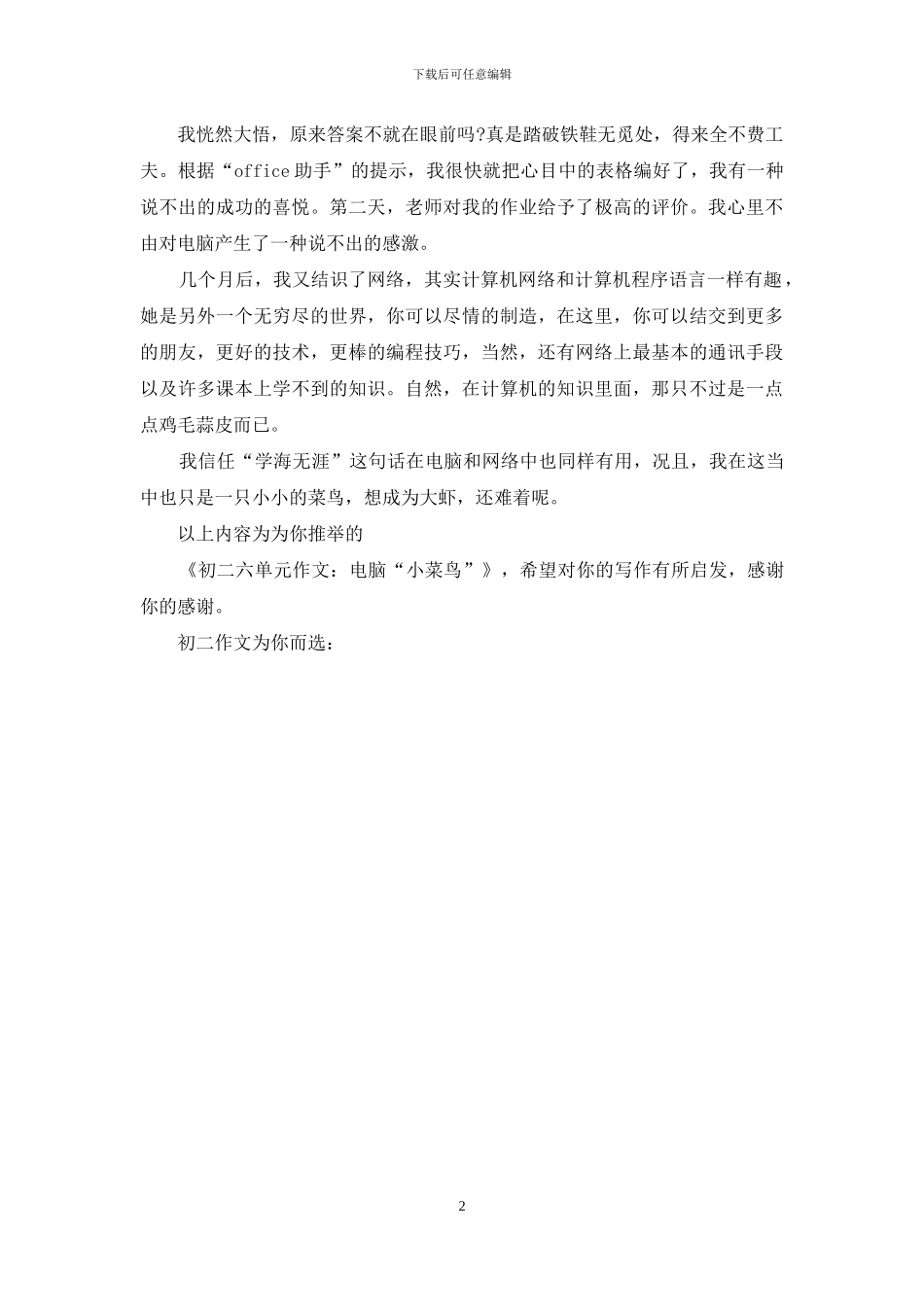 初二六单元作文：电脑“小菜鸟”_第2页