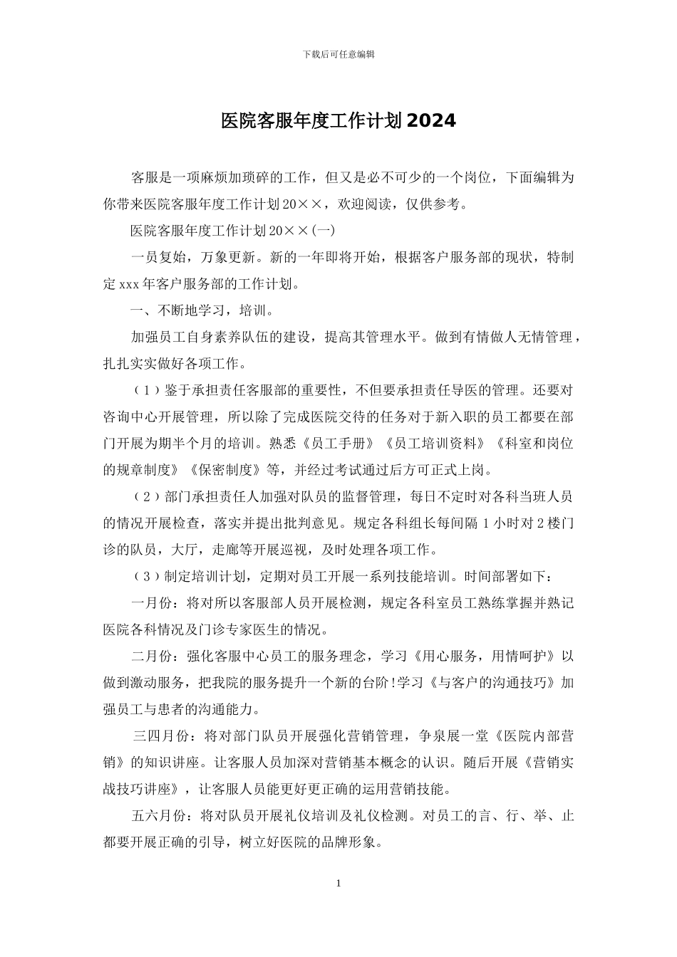 医院客服年度工作计划2024_第1页