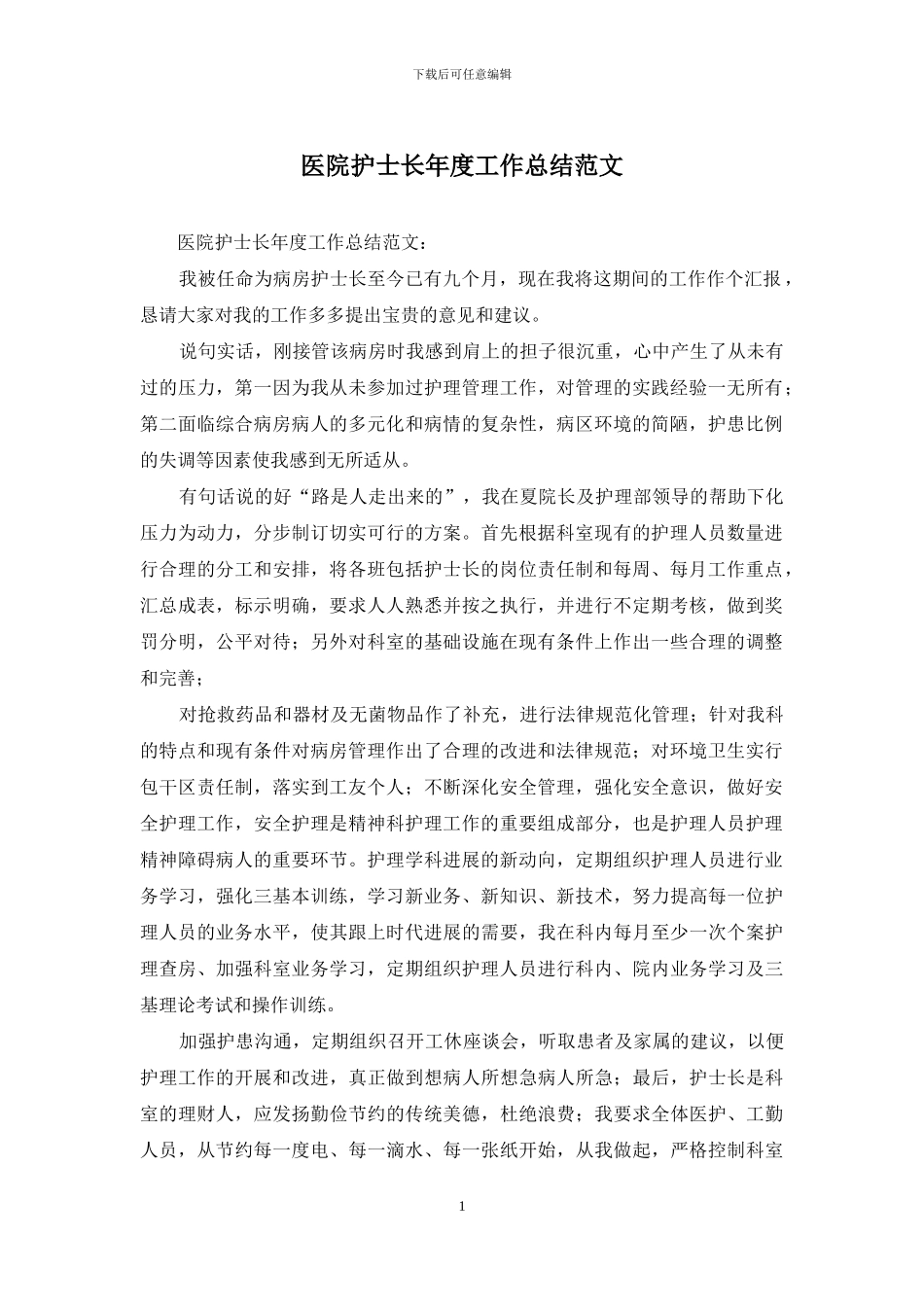 医院护士长年度工作总结范文_第1页