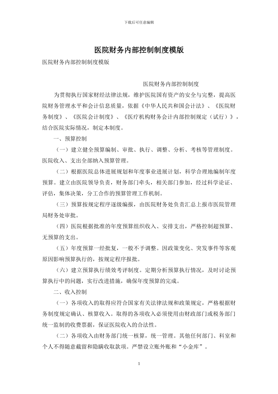 医院财务内部控制制度模版_第1页