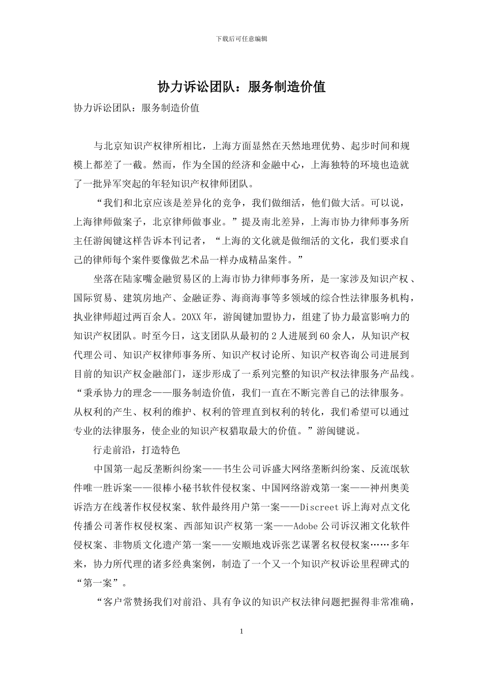 协力诉讼团队：服务创造价值_第1页