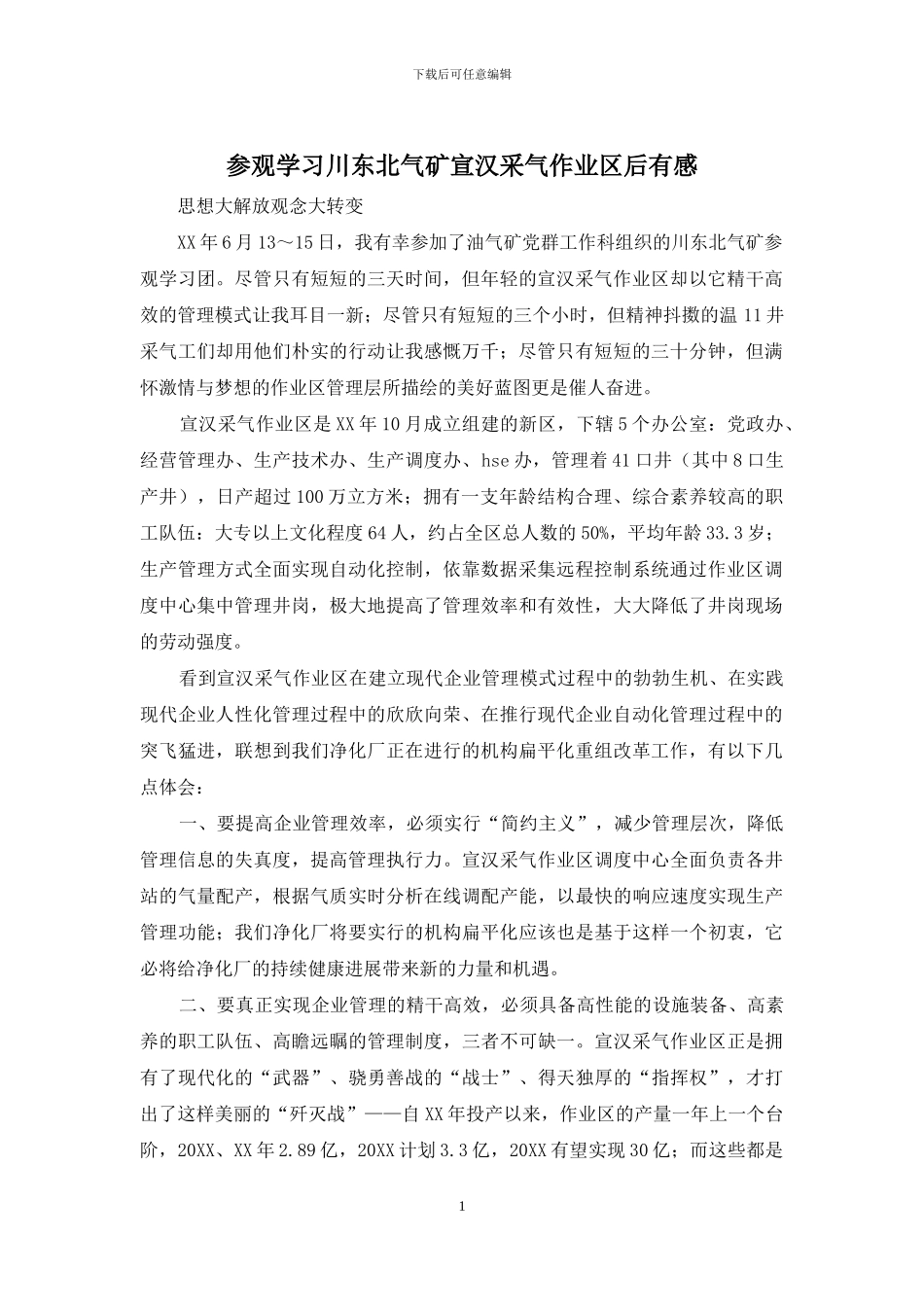 参观学习川东北气矿宣汉采气作业区后有感_第1页