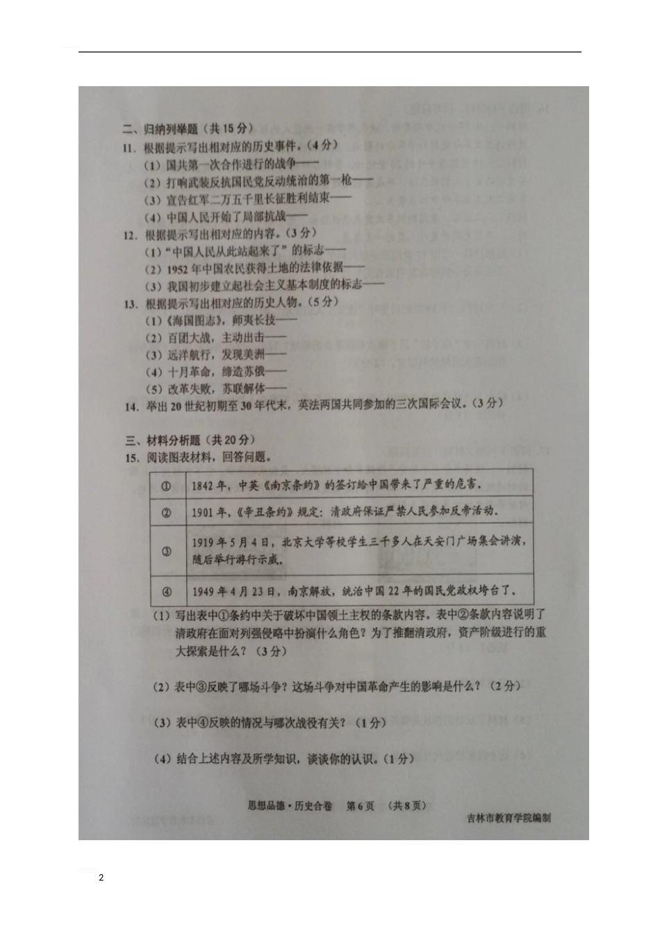 吉林省吉林地区2024届九年级历史第一次阶段性教学质量检测试题_第2页