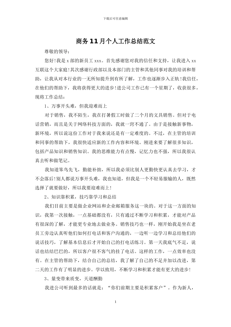 商务11月个人工作总结范文_第1页