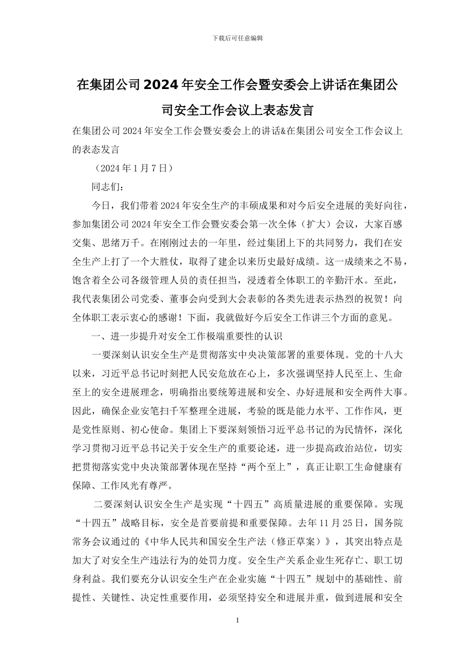 在集团公司2024年安全工作会暨安委会上讲话在集团公司安全工作会议上表态发言_第1页