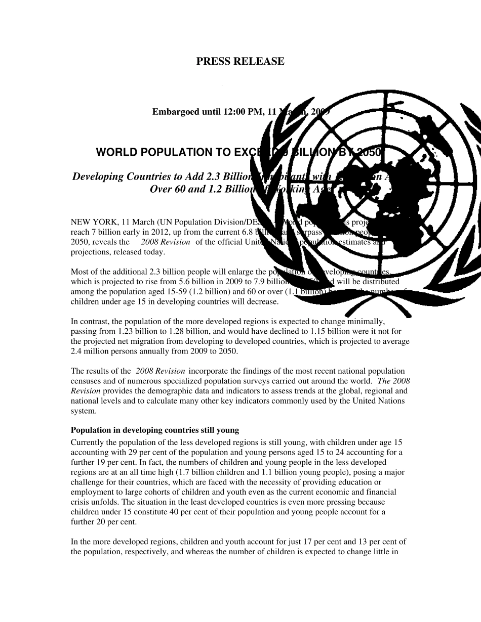 WORLDPOPULATIONTOEXCEED9BILLIONBY2050DevelopingCountries_第1页